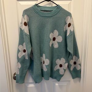 Teal Floral Sweater with White and Brown Accents